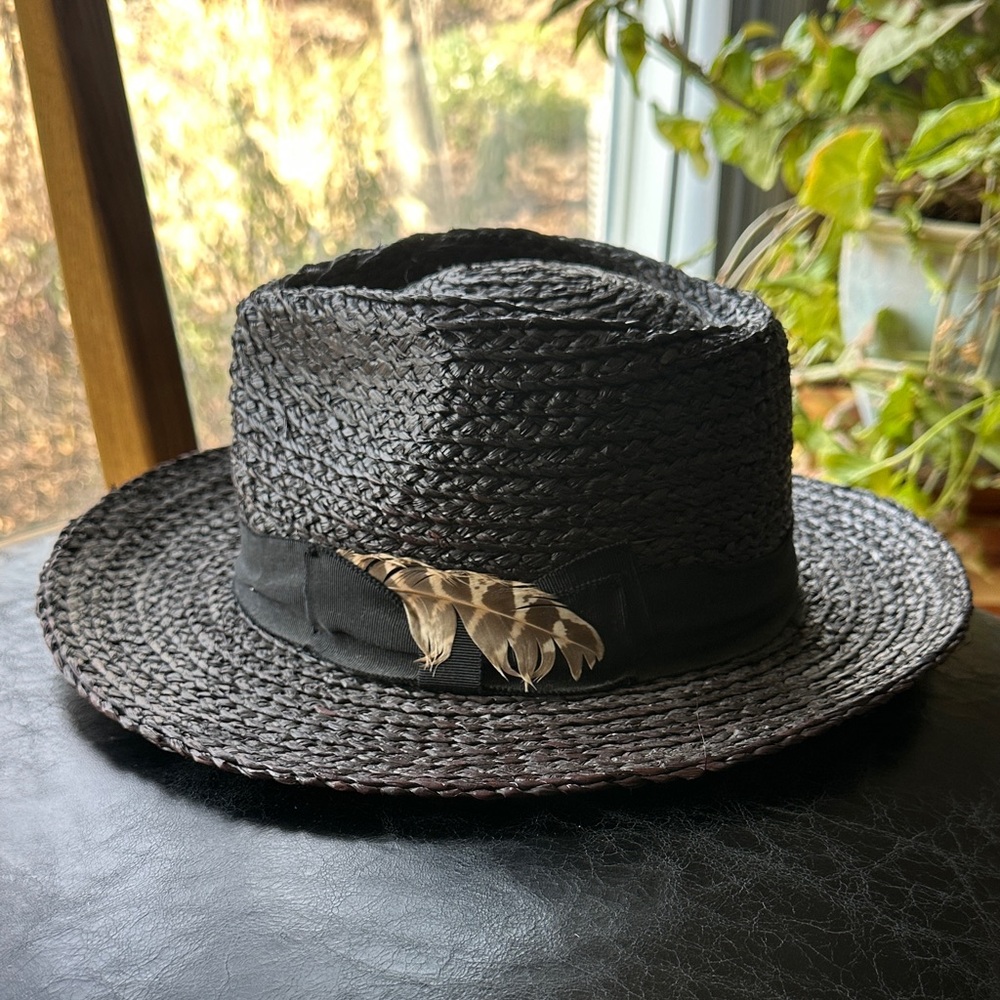 Brixton NWOT Black Straw Fedora Hat with Feather XS